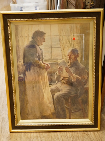 Albert George Stevens (1863-1927), Interior scene with two elderly figures before a window, signed, watercolour, 44 x 32cm